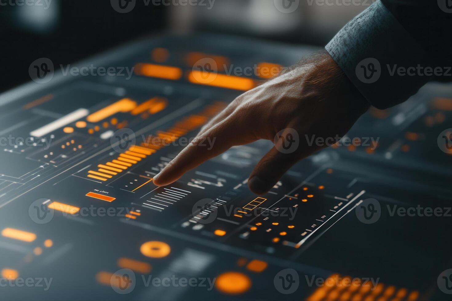 Futuristic hand interacting with digital interface showcasing data analytics in a tech workspace photo
