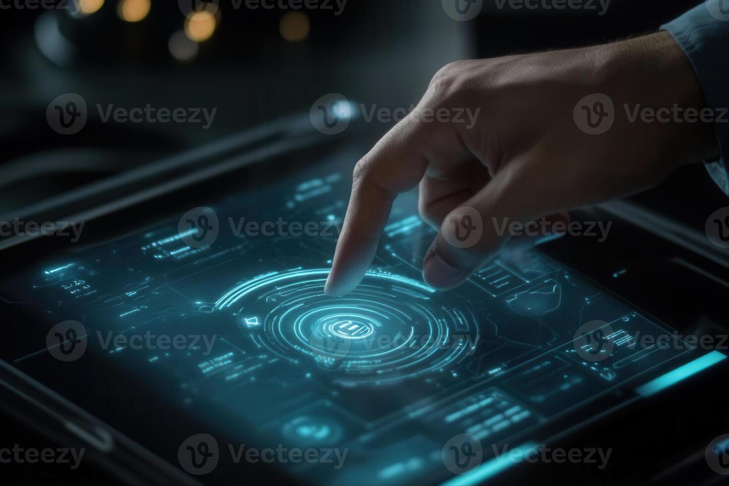Futuristic hand interacting with a holographic interface on a sleek tablet in a tech workspace photo