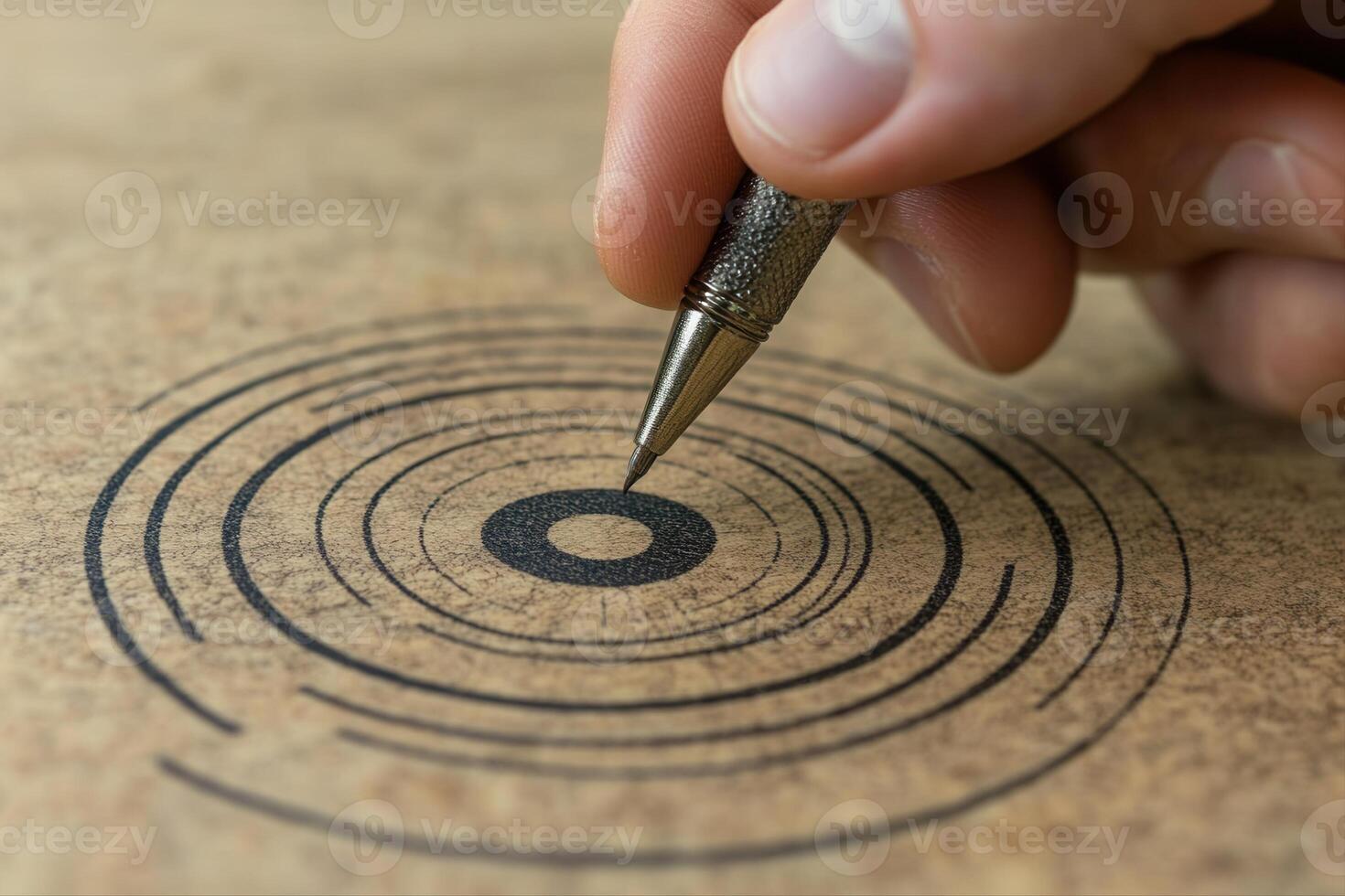 Hand drawing concentric circles on a textured surface with a pen, showcasing focus and creativity photo
