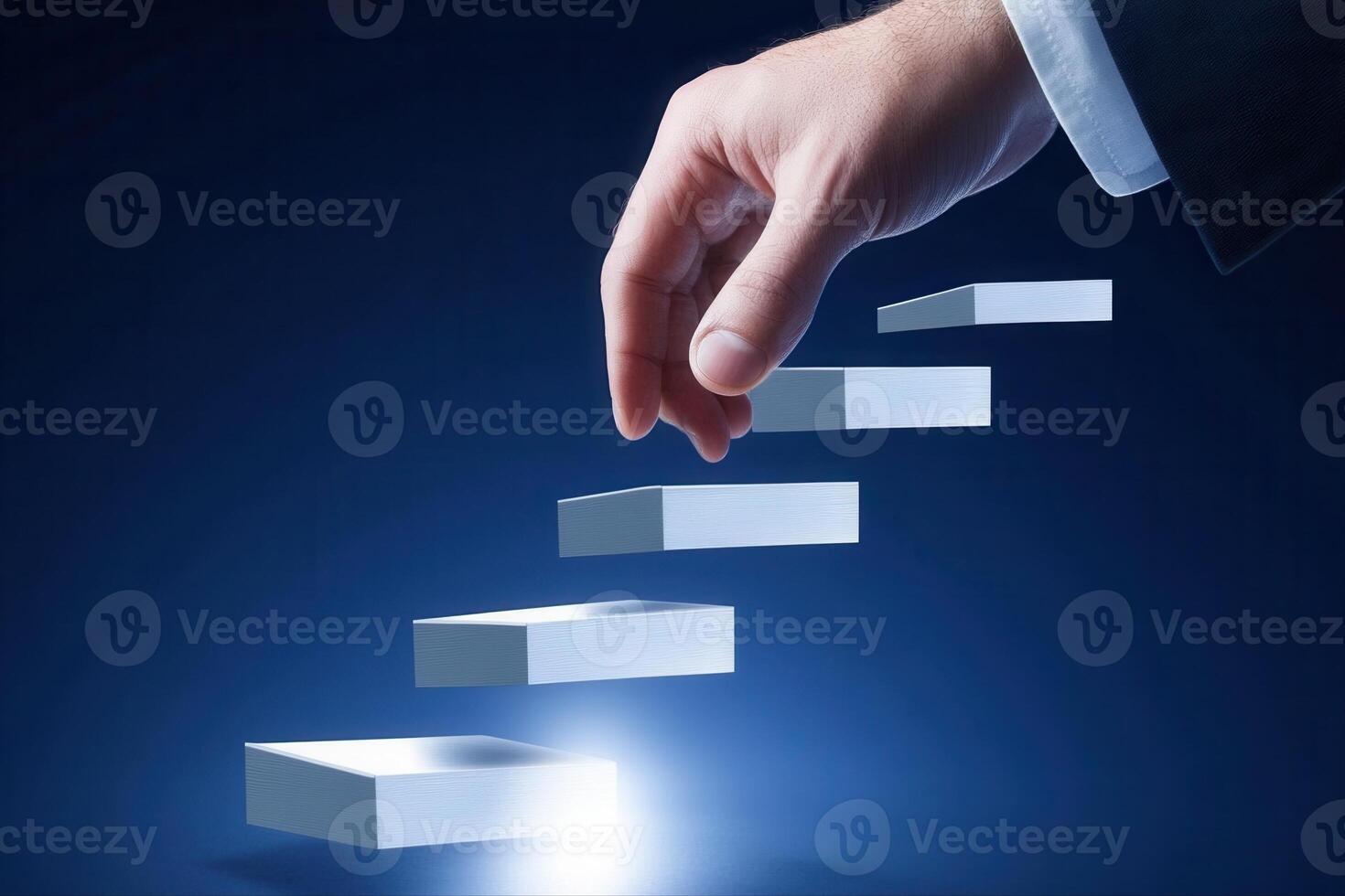 Hand reaching for floating blocks symbolizing progress and innovation in a digital space photo