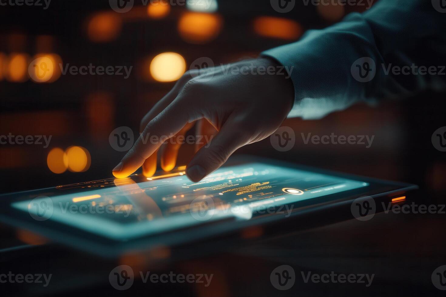 Hand interacting with a glowing touchscreen tablet, showcasing technology in a dimly lit room photo