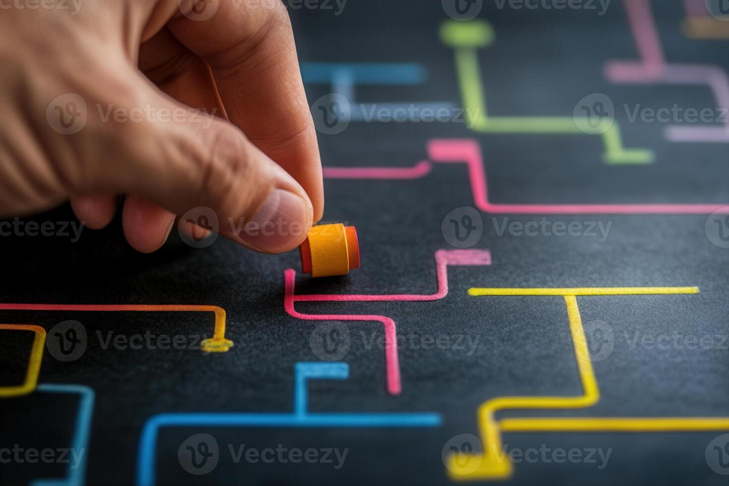 Hand erasing colorful lines on a dark surface, symbolizing creativity and problem-solving photo