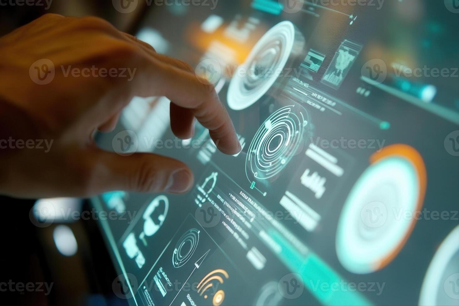 User interacting with a futuristic touchscreen interface displaying data analytics and graphics photo