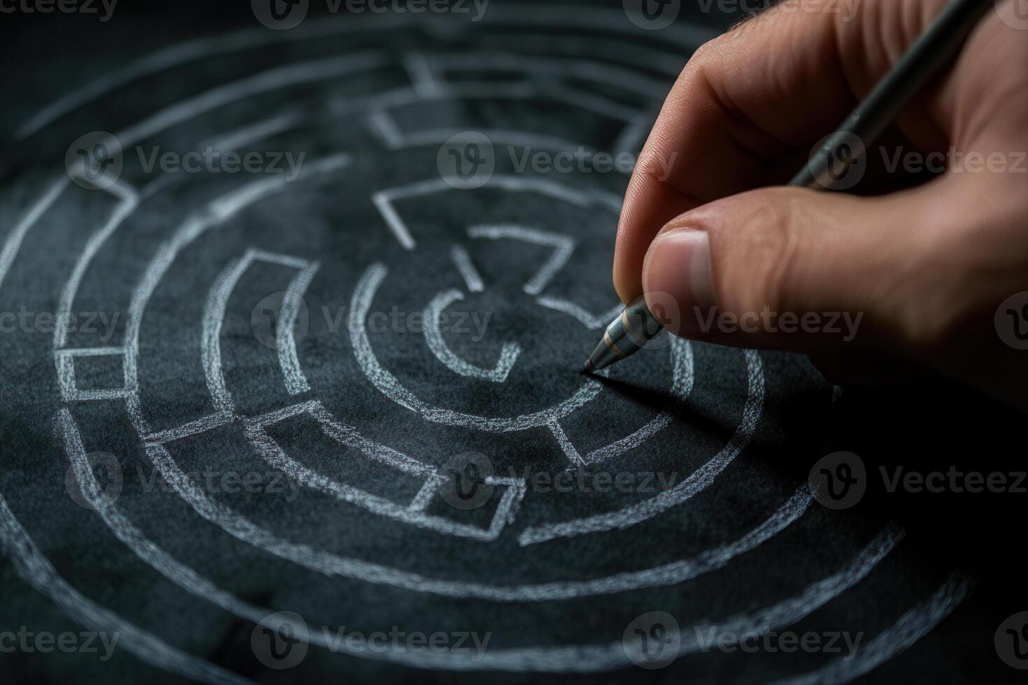 Hand drawing a complex maze on black paper with a silver pen, showcasing creativity and focus photo