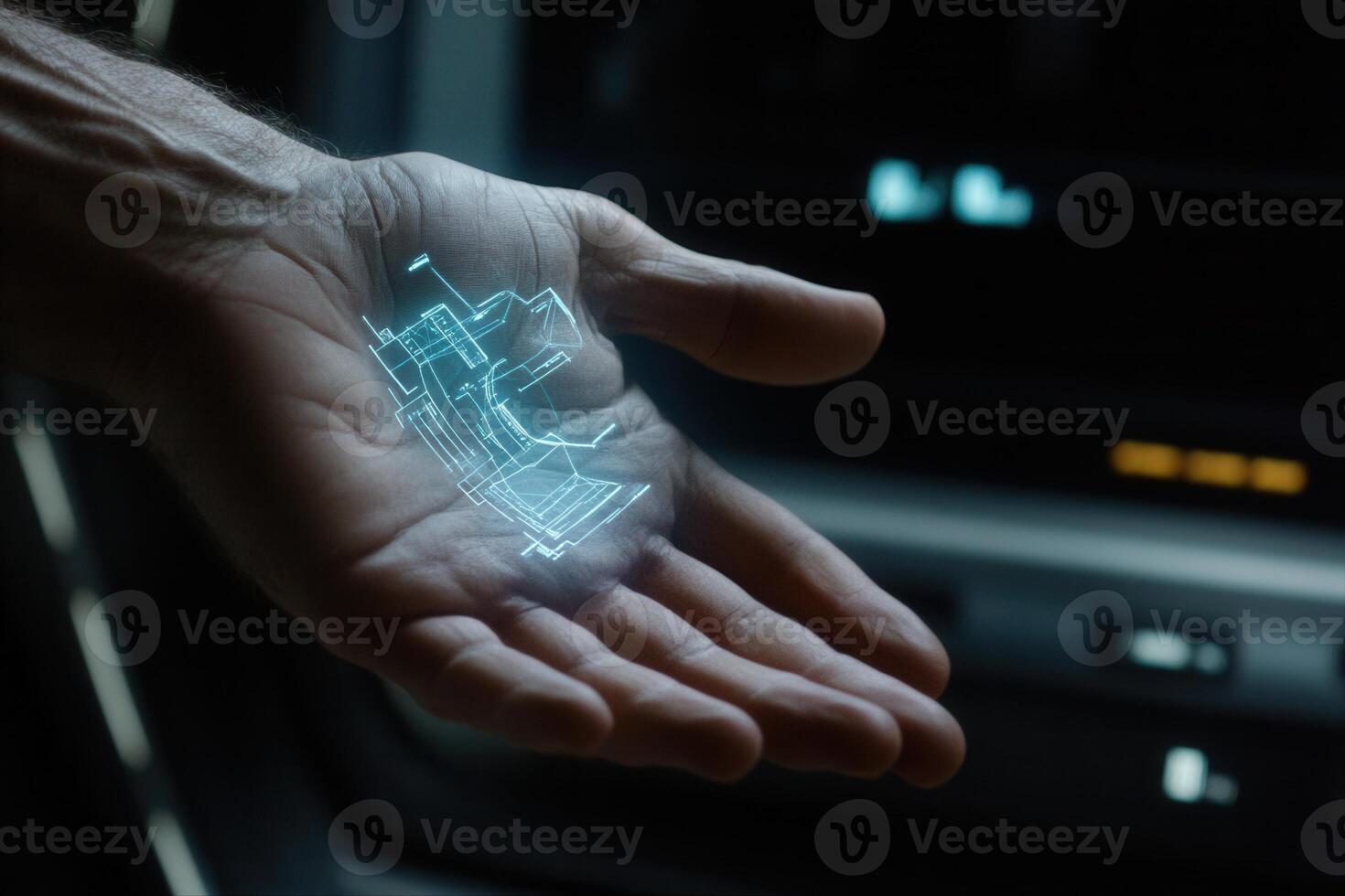 Futuristic hand displaying holographic technology inside a modern vehicle interior photo