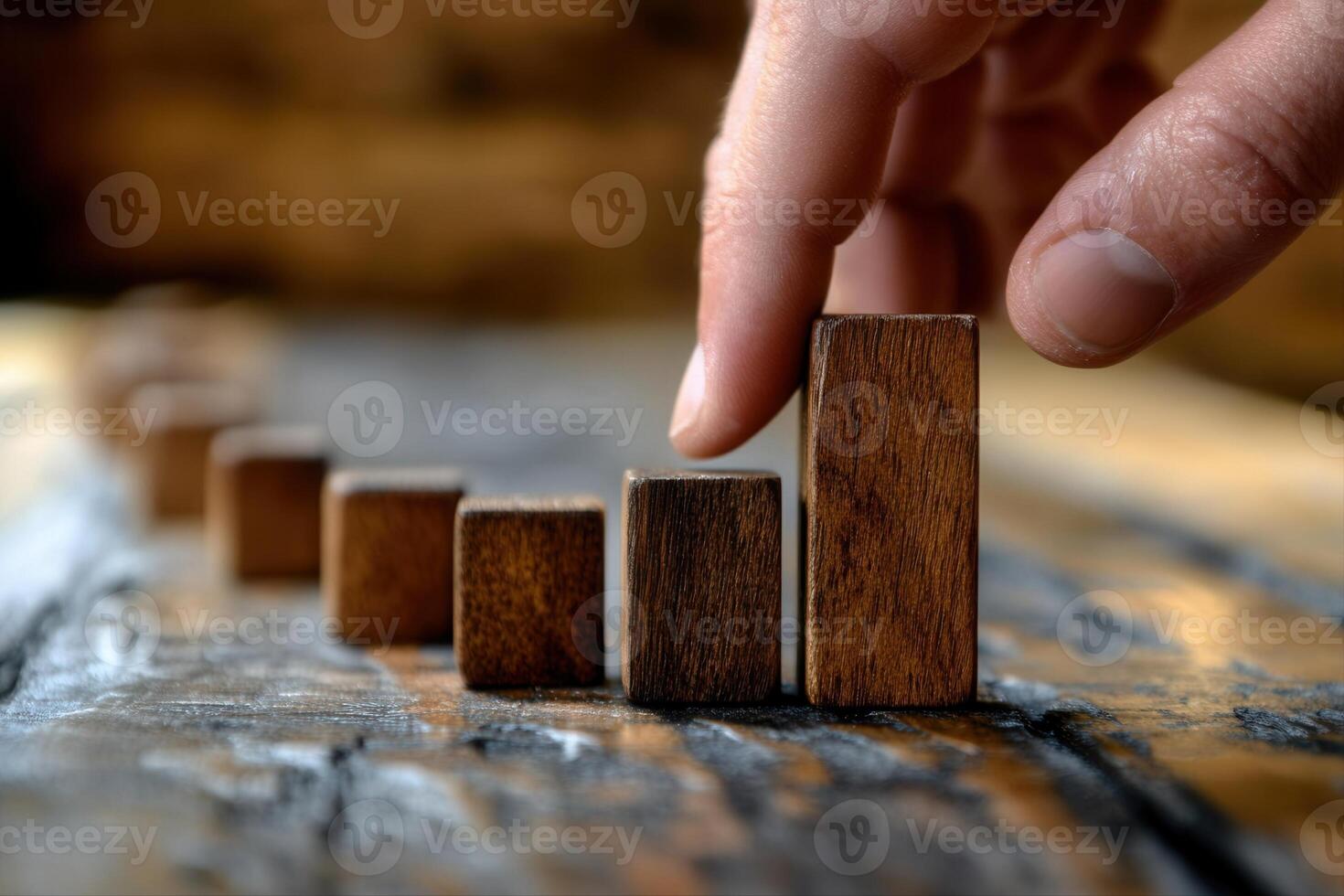 Hand adjusting wooden blocks to create a rising bar graph on a rustic wooden table photo