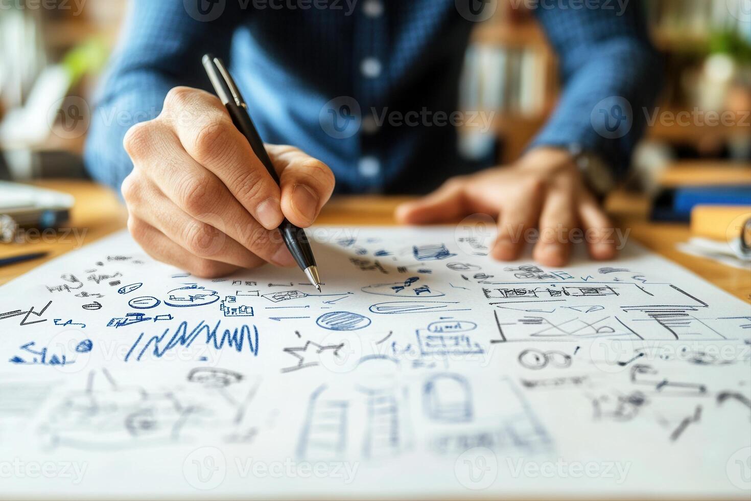 Person sketching creative ideas on paper with diagrams and notes in a cozy workspace photo