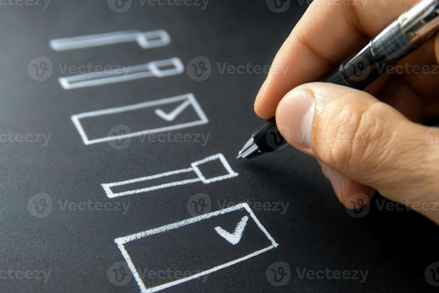 Hand holding a pen marking checkboxes on a black background, symbolizing task completion photo