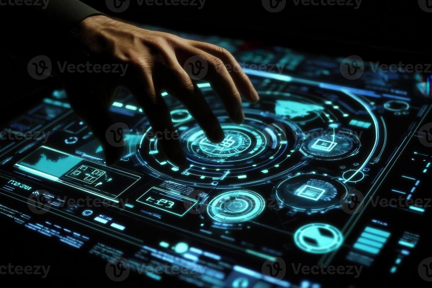 Futuristic hand interacting with a holographic interface displaying data and graphics photo