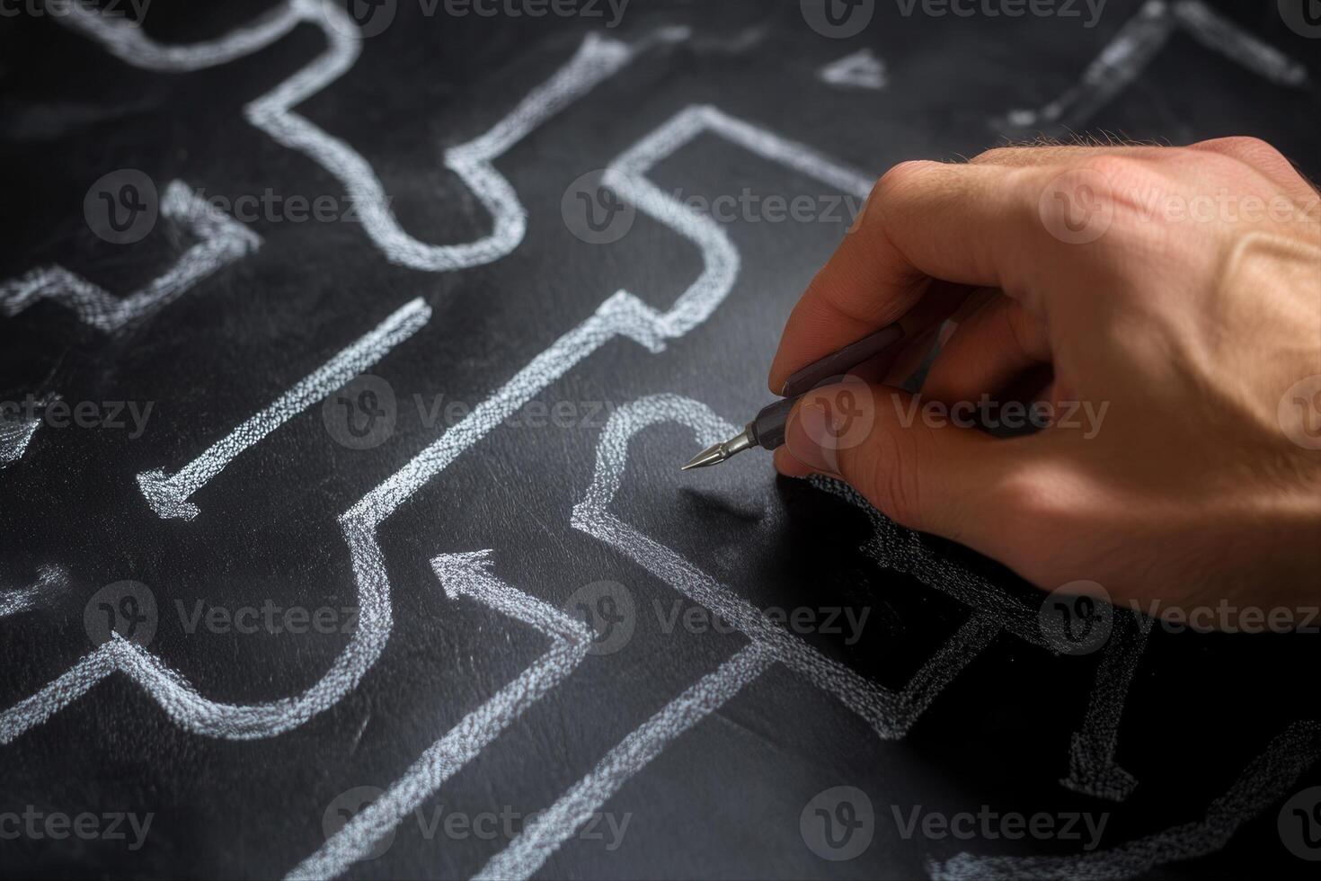 Hand drawing intricate maze patterns with chalk on a blackboard, showcasing creativity photo