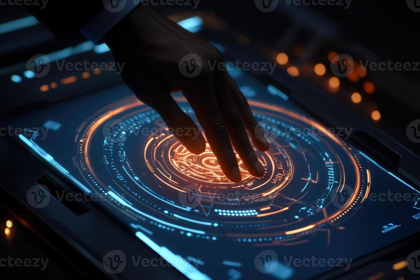 Futuristic hand interacting with a glowing digital interface in a dark tech environment photo