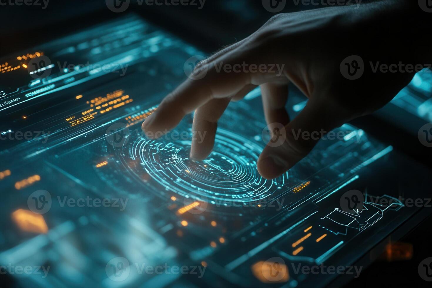Futuristic hand interacting with a holographic interface displaying complex data and visuals photo
