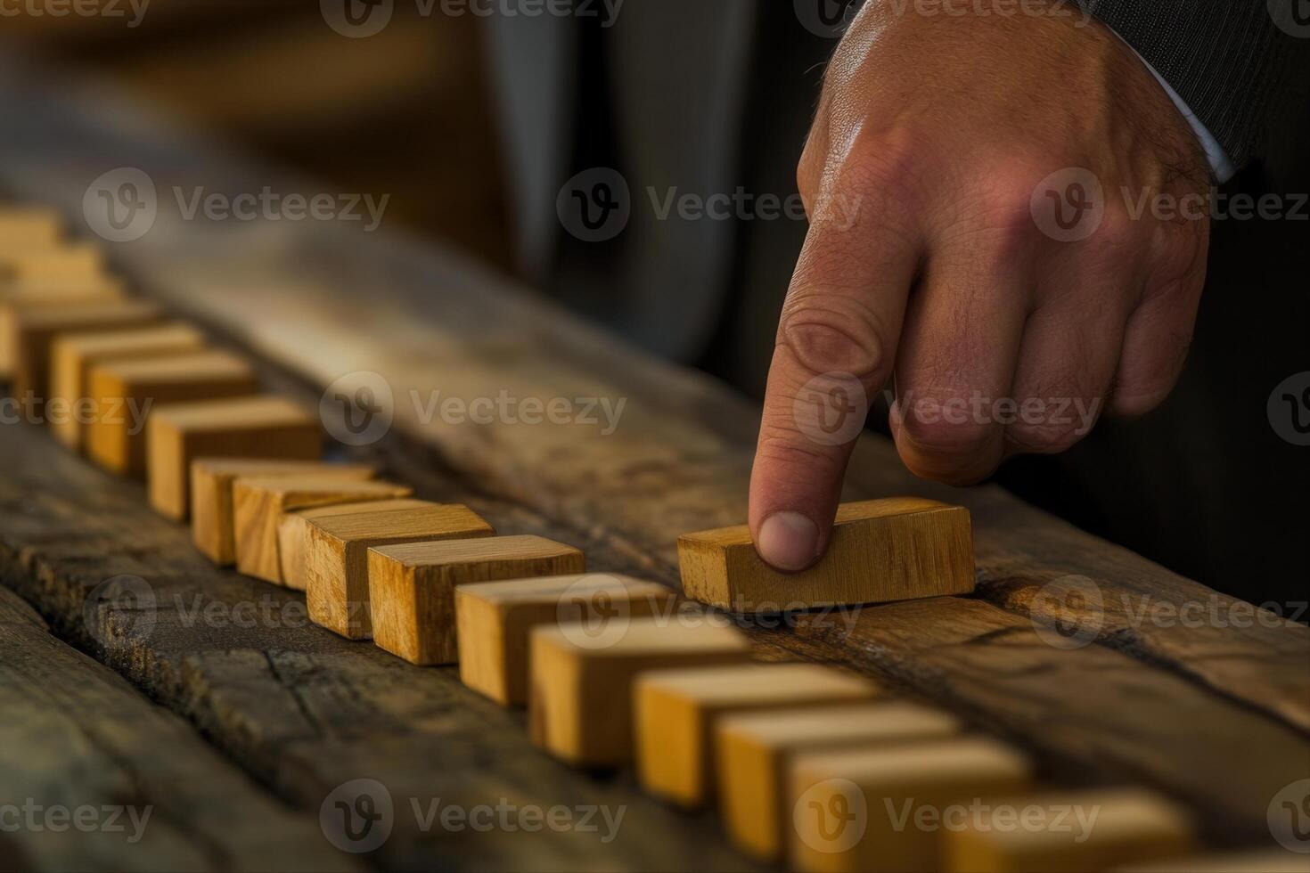 Hand pushing a wooden block in a line of dominoes on a rustic wooden table photo