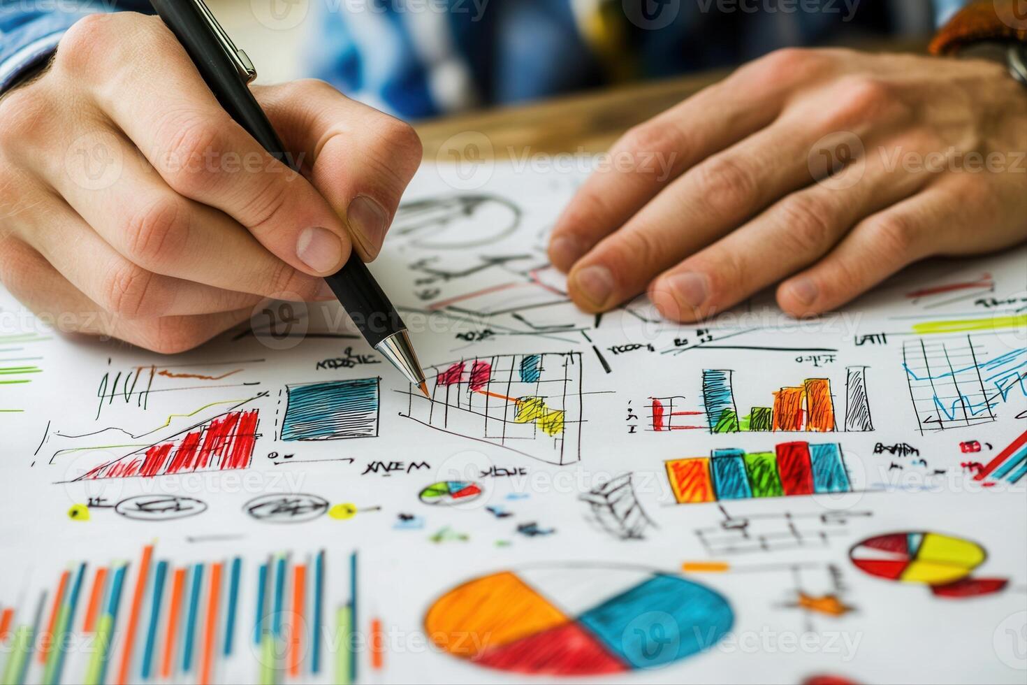 Hands sketching colorful graphs and charts on paper while analyzing data in a workspace photo
