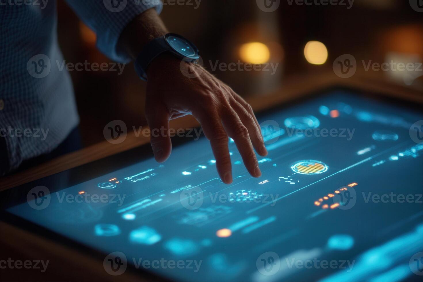 Person interacting with a futuristic touchscreen interface displaying data and analytics photo