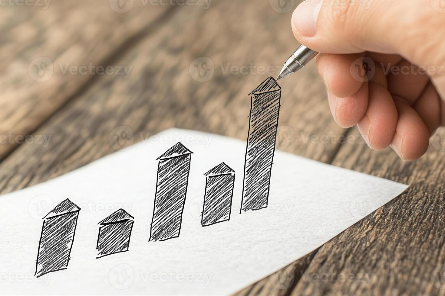 Hand drawing a rising graph on paper over a wooden table, symbolizing growth and success photo