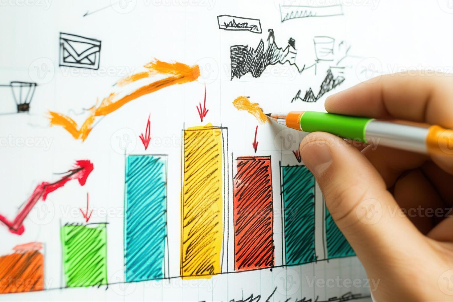Hand drawing colorful graphs and charts on a notepad, illustrating business growth trends photo