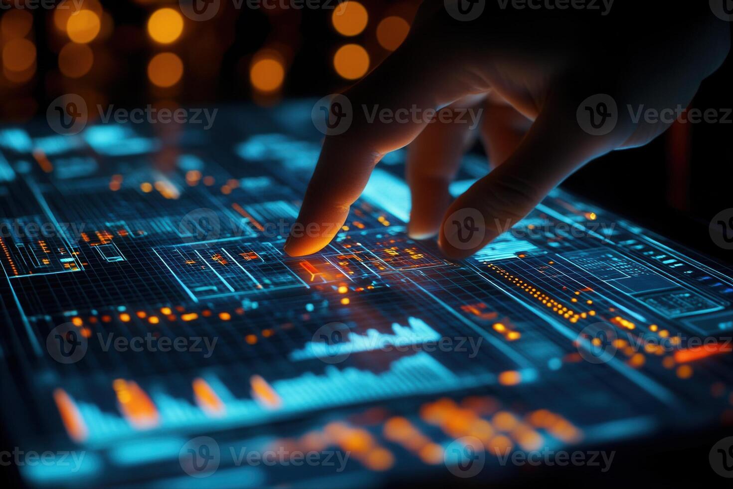 Futuristic hand interacting with a glowing touchscreen displaying data analytics at night photo
