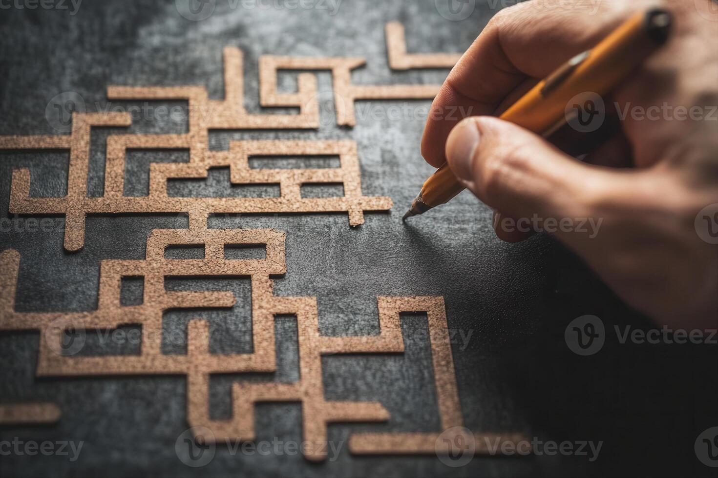 Hand with pen tracing intricate maze pattern on textured surface, showcasing creativity photo