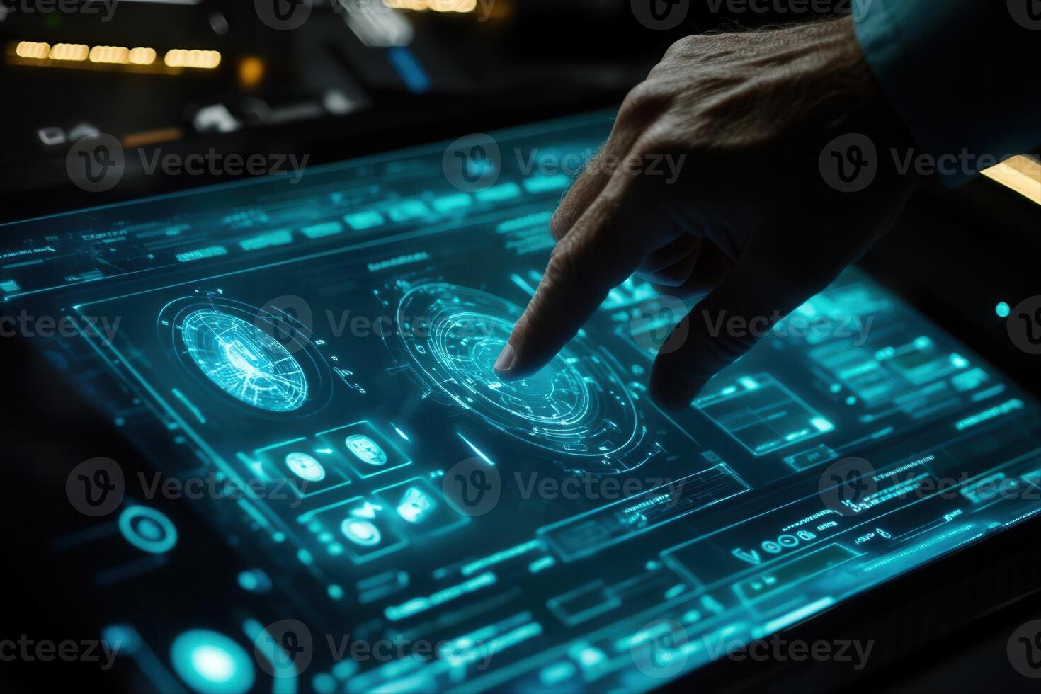 Futuristic touchscreen interface with a hand interacting, showcasing advanced technology photo