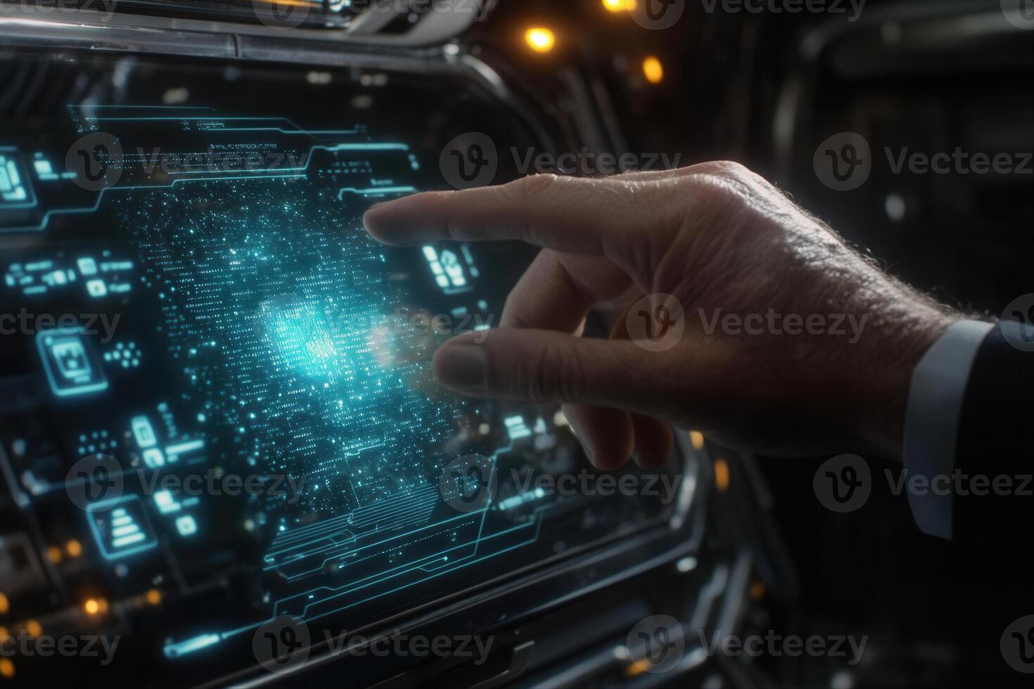 Futuristic hand interacting with a holographic display in a high-tech spacecraft cockpit photo