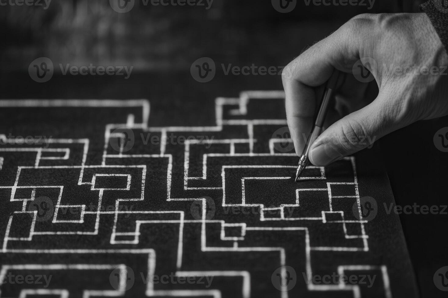 Hand drawing intricate maze patterns on black paper with pencil in artistic workspace photo