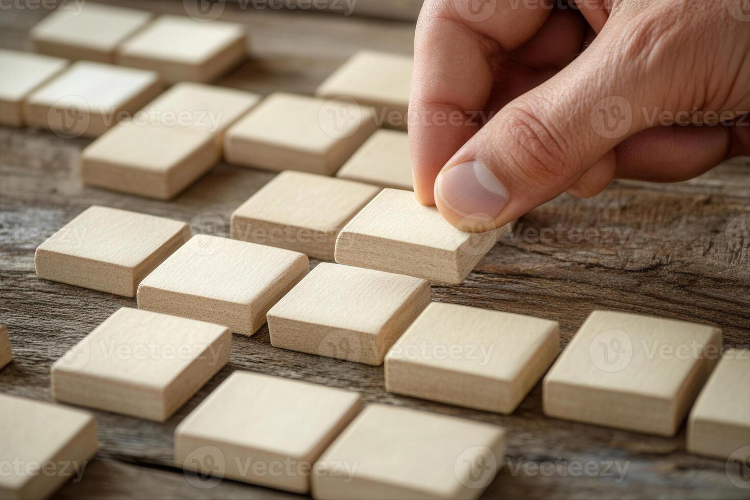 Hand placing a wooden block on a rustic table among other scattered blocks, showcasing focus photo