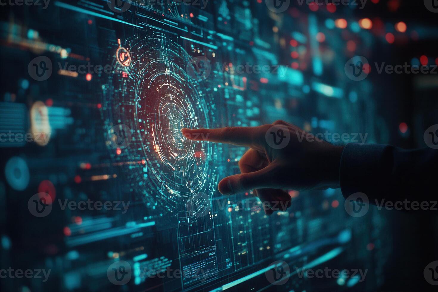 Futuristic hand interacting with a holographic interface displaying digital data and graphics photo