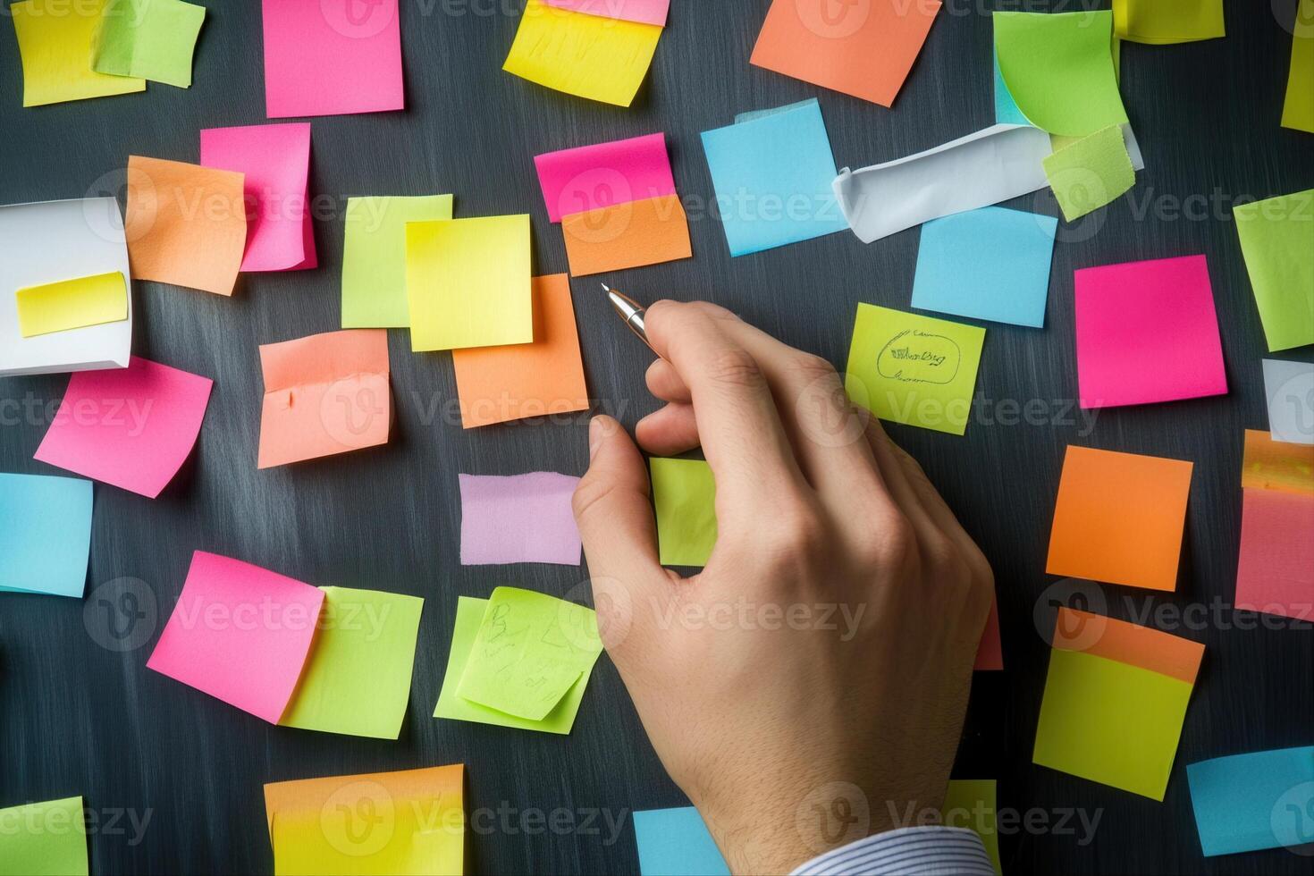 Hand writing on colorful sticky notes scattered on a desk, showcasing brainstorming ideas photo