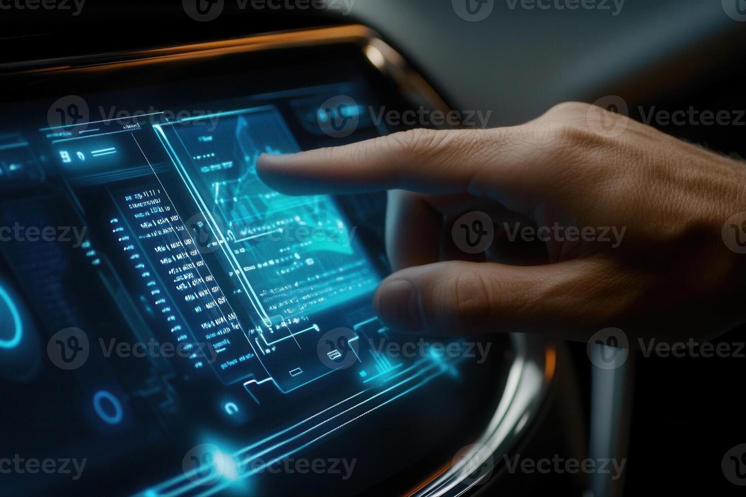 Futuristic touchscreen interface being operated by a hand in a modern vehicle interior photo