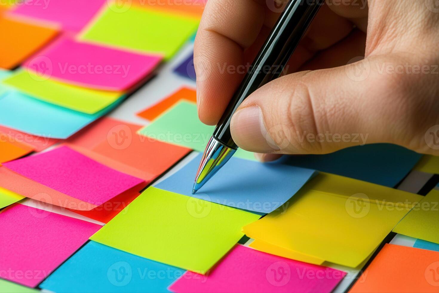 Hand writing on colorful sticky notes arranged in a creative pattern on a desk photo