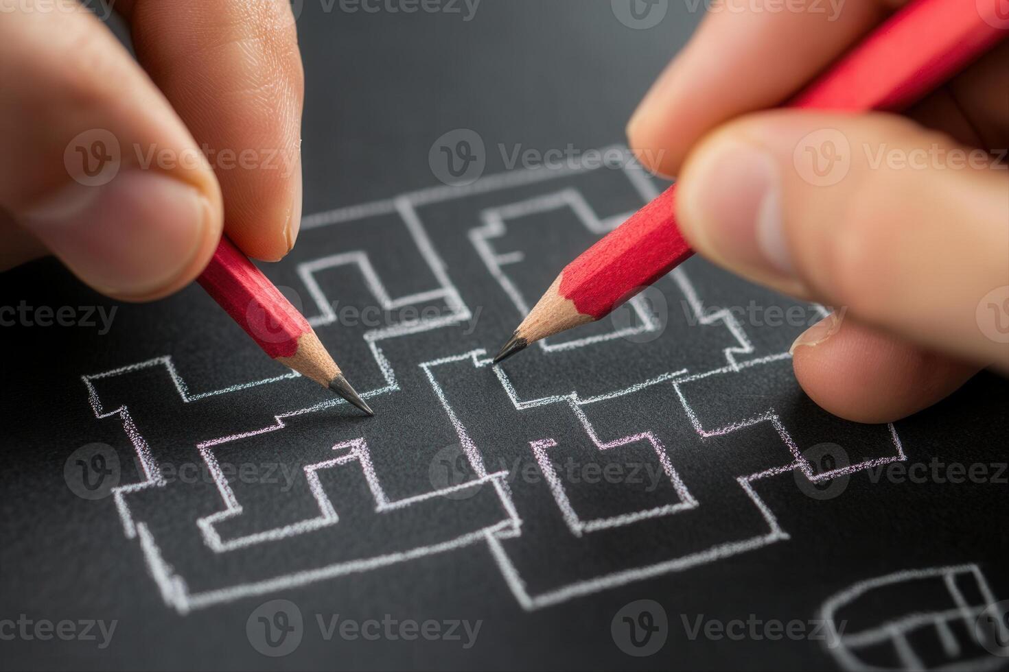 Hands holding red pencils sketching a maze on black paper, showcasing creativity and design photo
