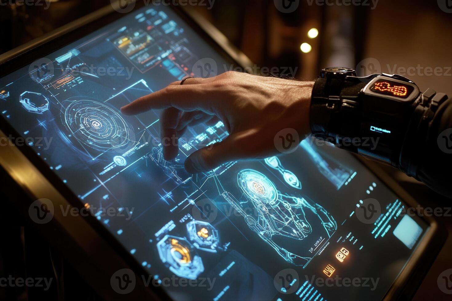 Futuristic hand interacting with a holographic display in a tech-filled environment photo