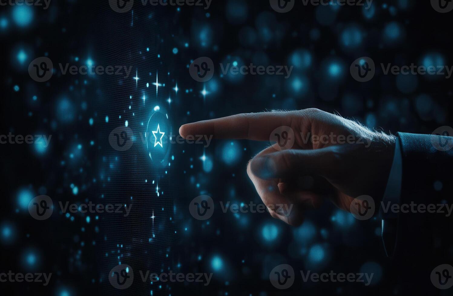 Futuristic hand reaching towards glowing digital interface with blue particles in background photo