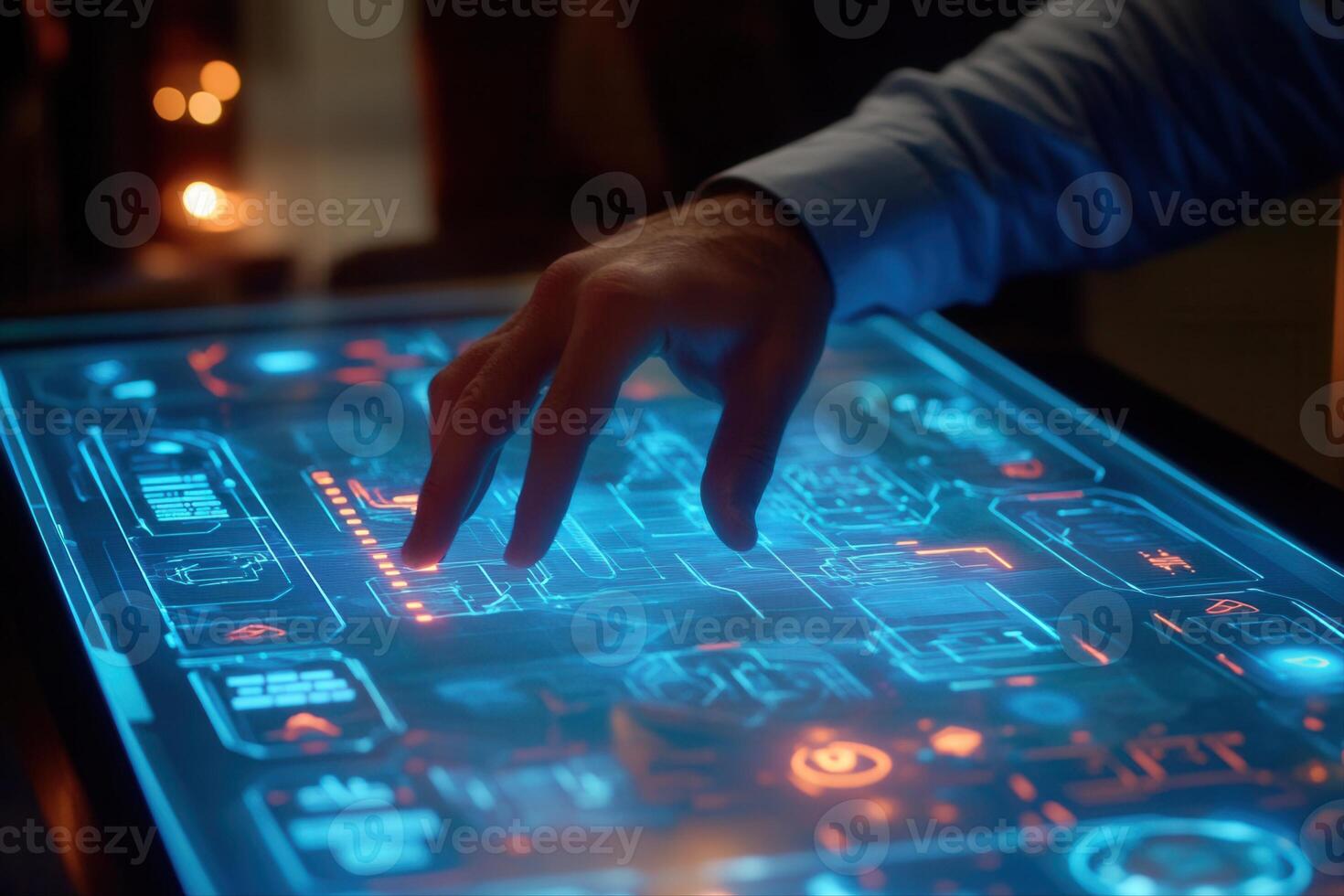 Futuristic touchscreen interface interaction with glowing graphics in a dimly lit room photo