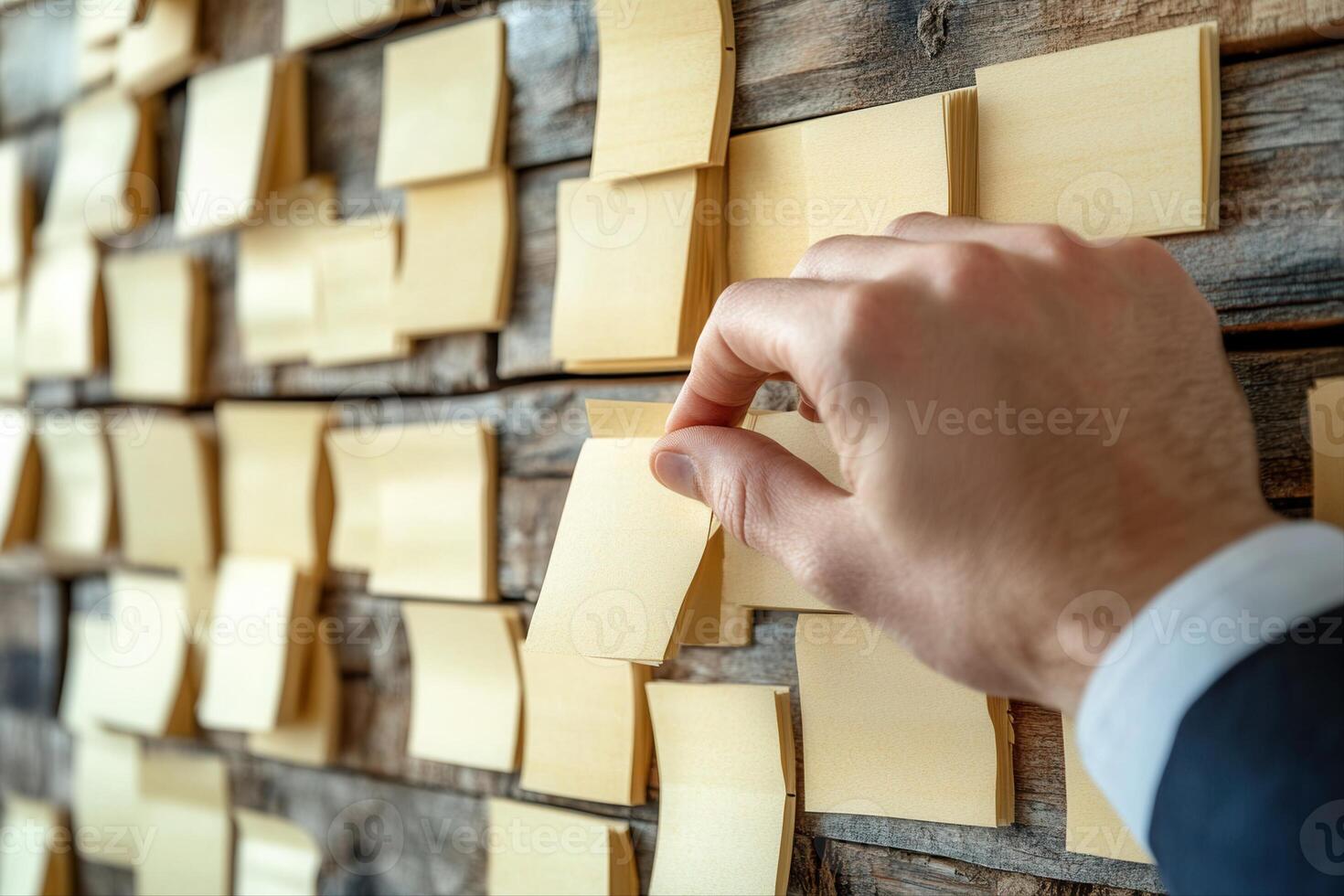 Hand removing a sticky note from a wooden wall covered in blank notes, ideal for brainstorming photo