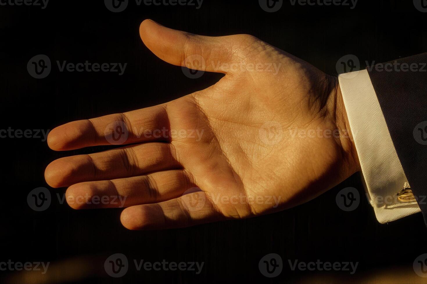 Open hand gesture in a formal setting, symbolizing invitation or agreement. Background shows blurred dark tones photo