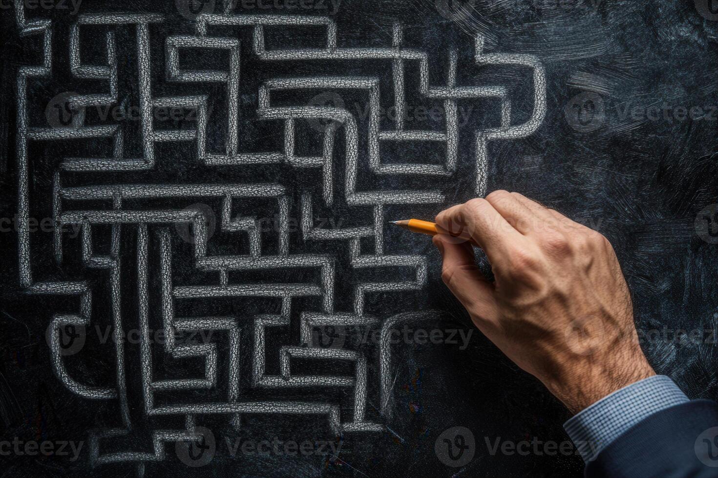 Hand drawing a complex maze on a chalkboard, showcasing problem-solving skills and creativity photo