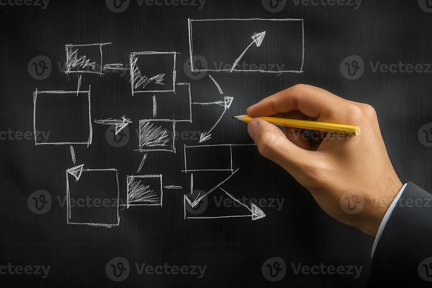 Hand drawing flowchart on a chalkboard, illustrating processes and connections in business photo