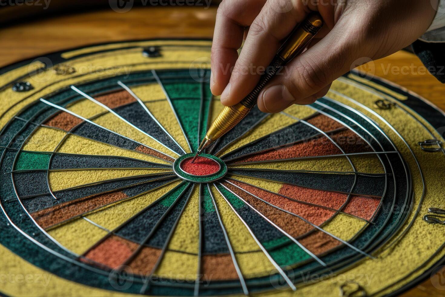 Hand drawing on a dartboard with vibrant colors, showcasing precision and focus in a cozy setting photo