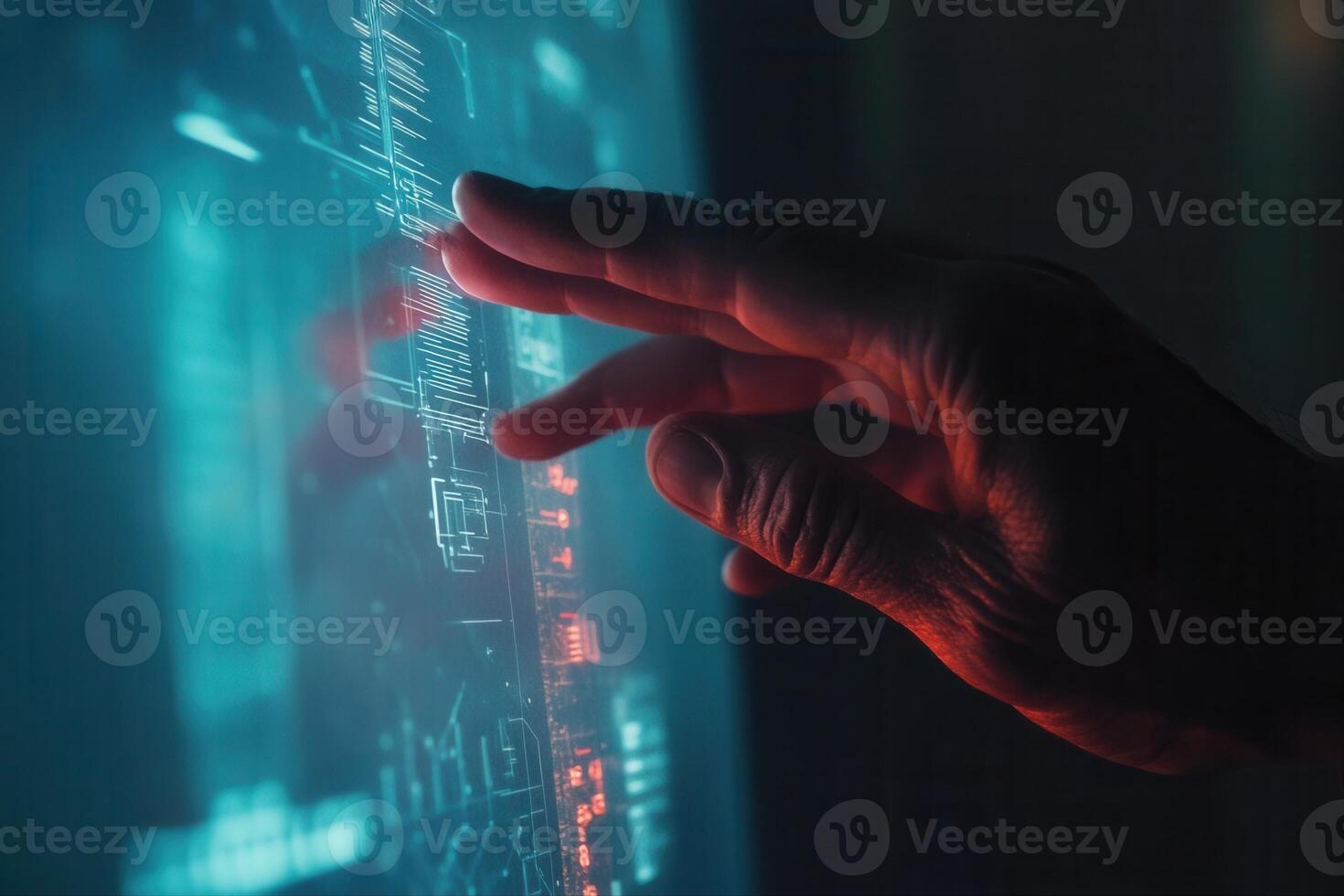 Human hand interacting with a futuristic holographic display in a dark, tech-inspired setting photo