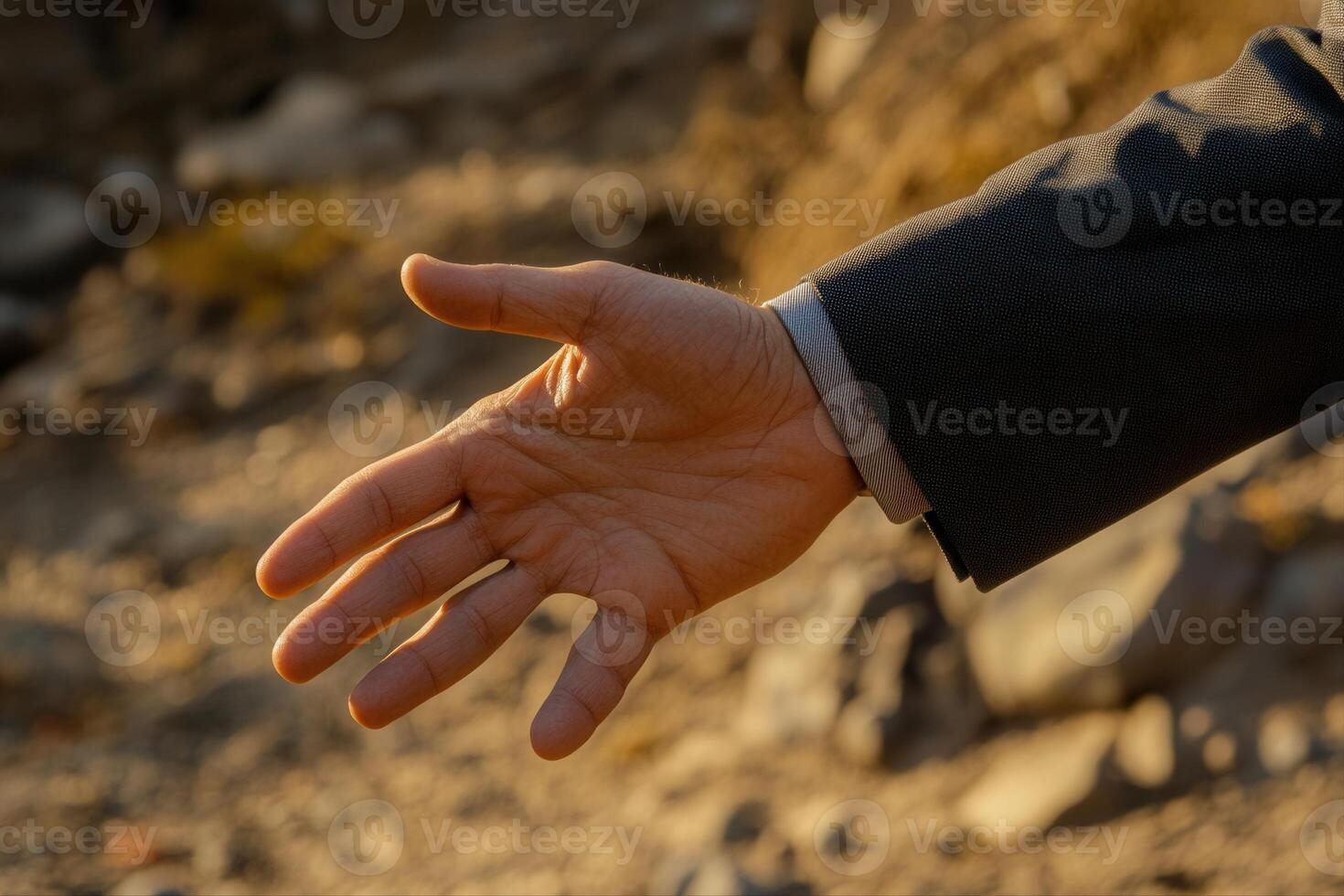 Outstretched hand in a suit reaching towards a blurred background of nature photo