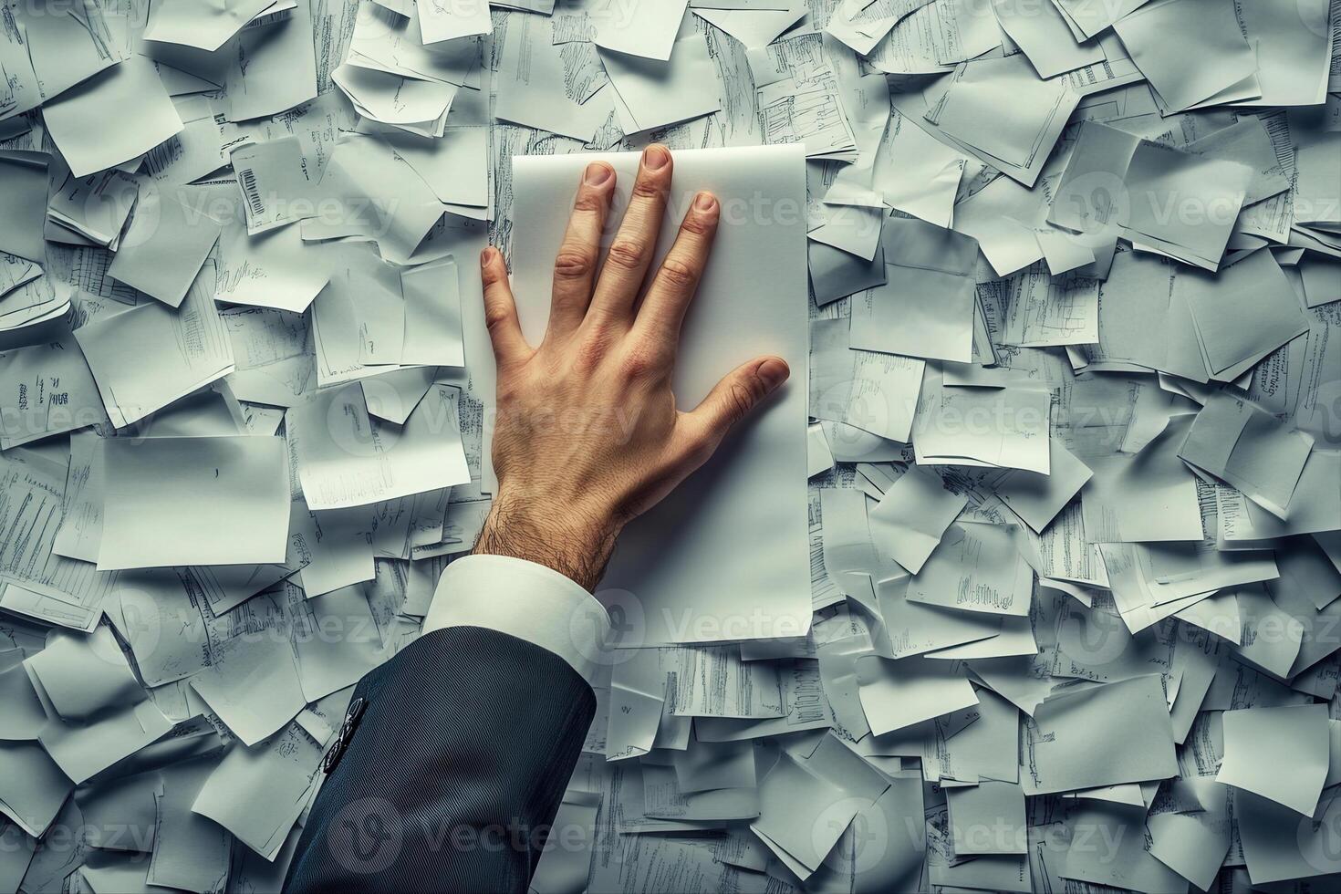 Hand pressing down on scattered papers, symbolizing organization amidst chaos in an office photo