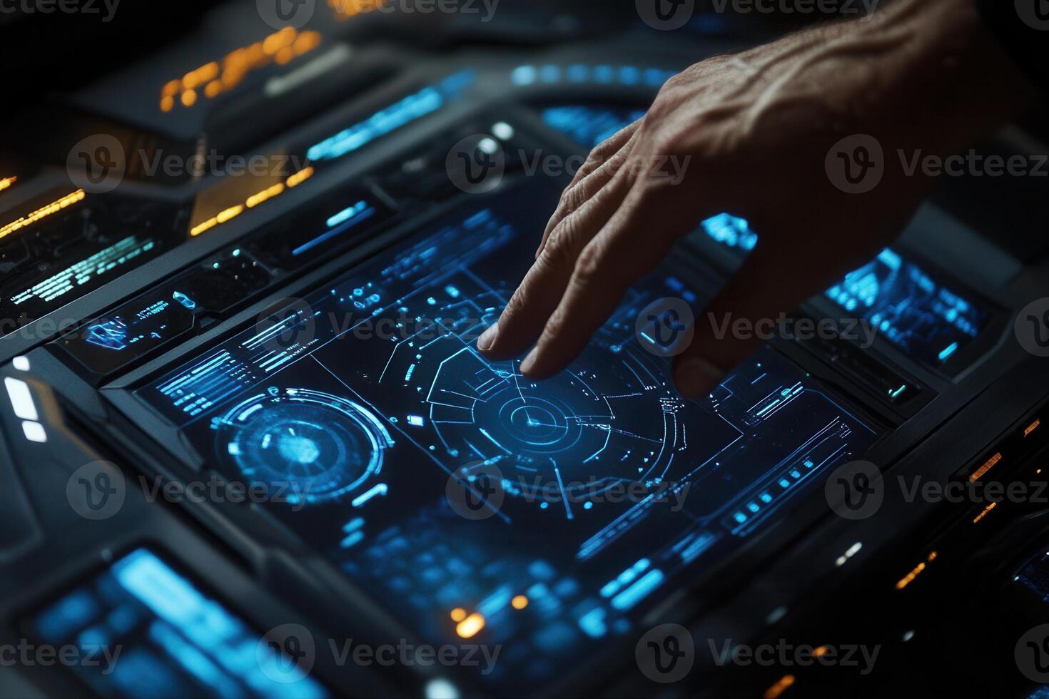 Futuristic interface interaction with a hand on a glowing control panel in a tech setting photo