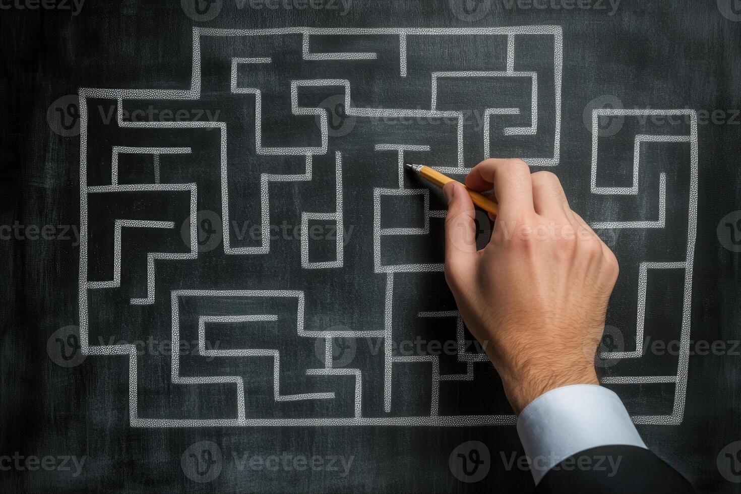 Hand drawing a complex maze on a chalkboard, showcasing problem-solving in a classroom photo