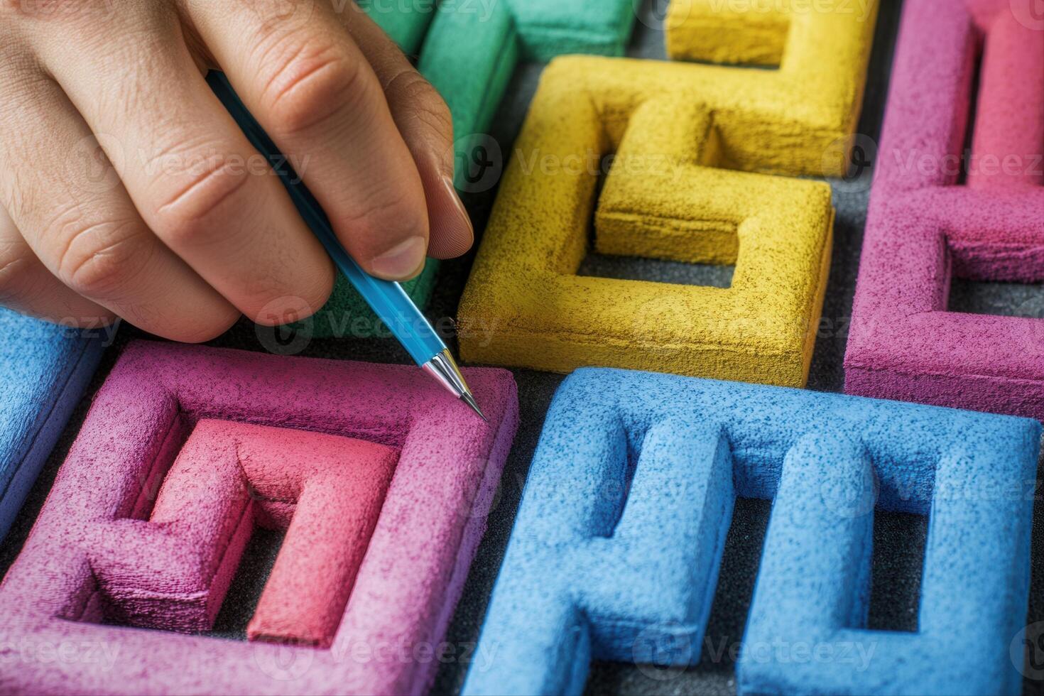 Hand holding a blue pen, drawing on colorful foam shapes arranged on a gray surface photo