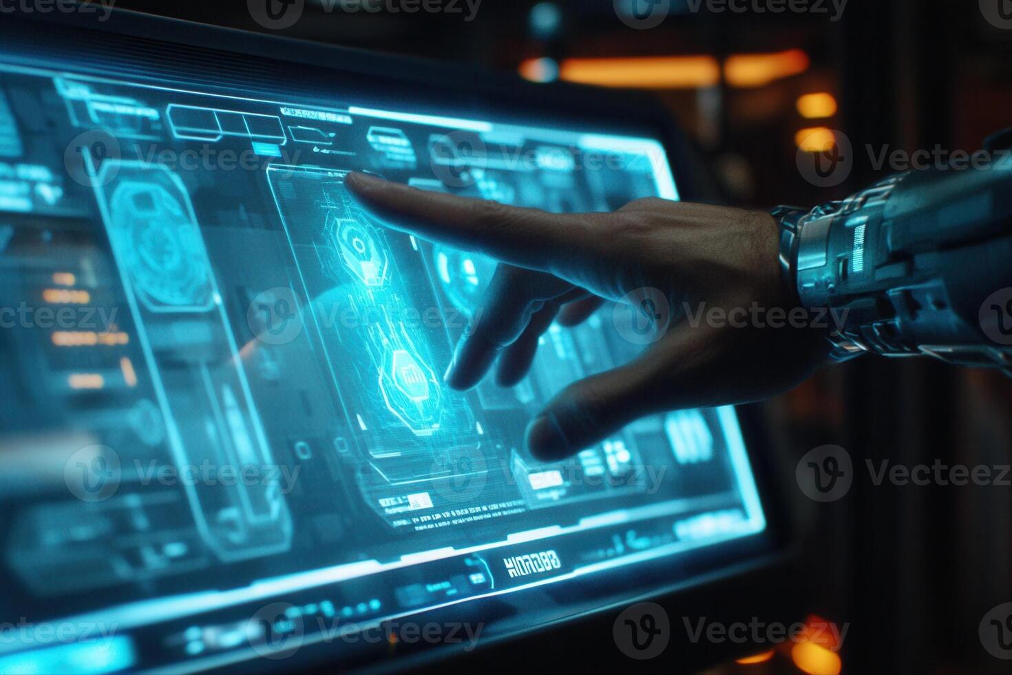 Futuristic interface interaction with a robotic hand in a high-tech environment photo