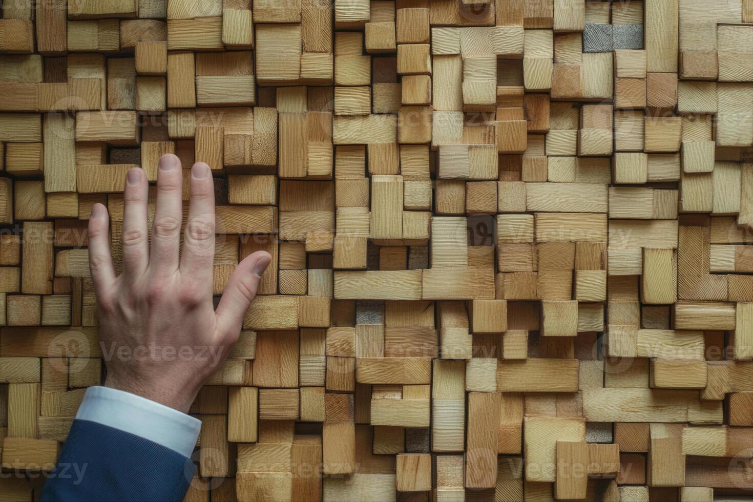 Hand resting on a textured wooden wall, showcasing natural patterns and colors photo