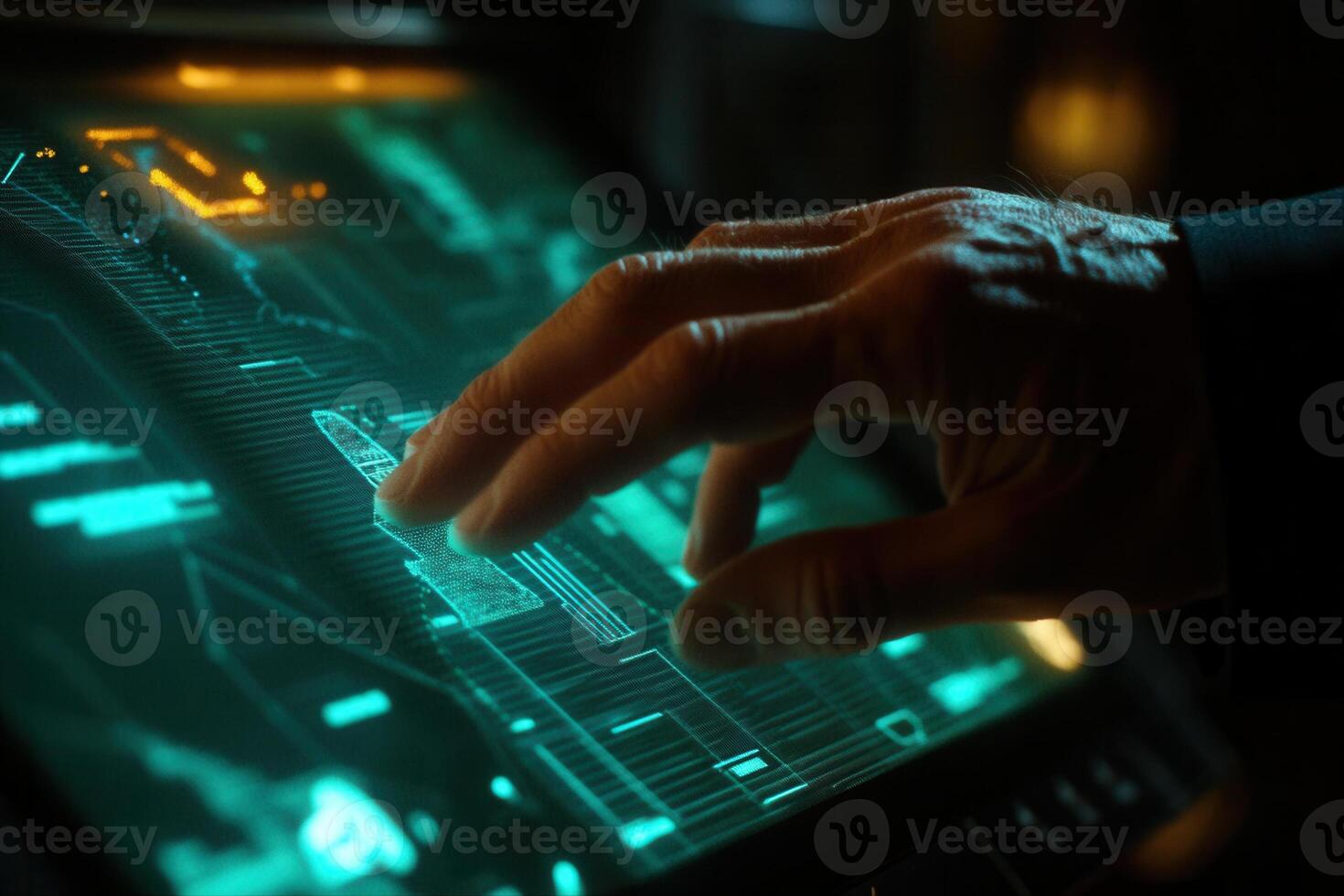Futuristic hand interacting with a holographic display showcasing digital data and graphics photo
