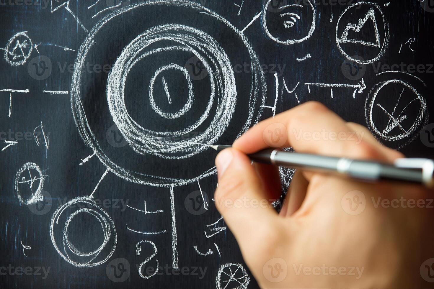 Hand drawing complex diagrams on a chalkboard, illustrating concepts of data analysis photo